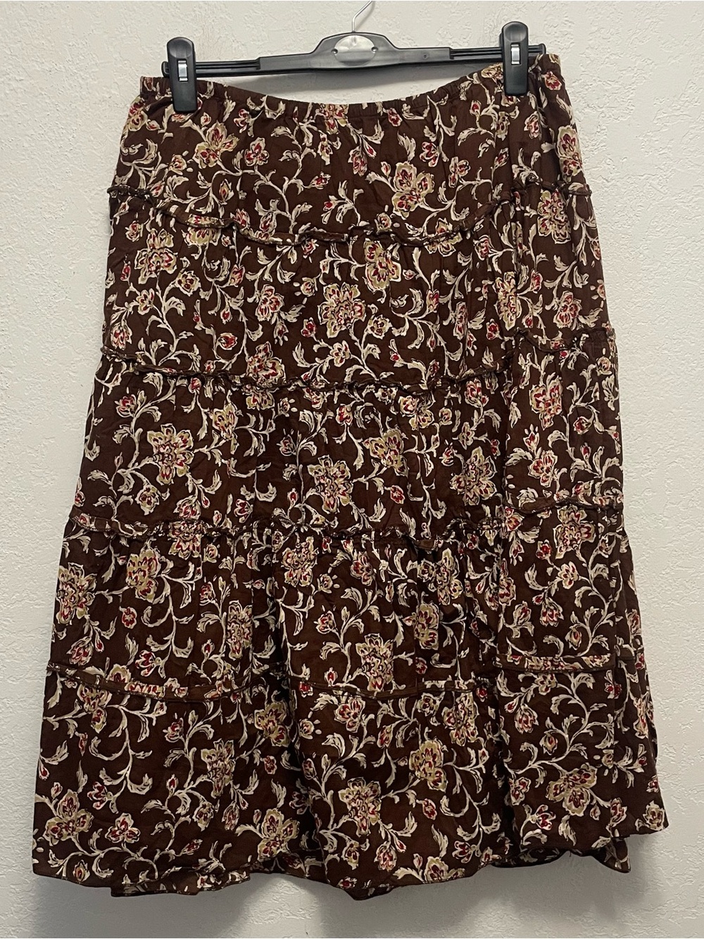 At Last Classics Skirt Sz XL Brown Floral Tiered Broomstick